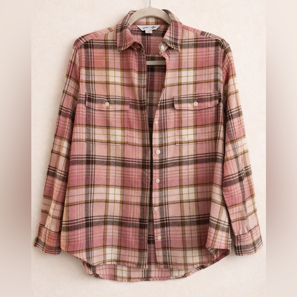 Old Navy Pink Plaid Flannel Shirt XS | Soft Boyfriend Fit Button Down